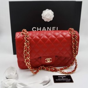 CHANEL CLASSIC FLAP BAG IN RED KAVIAR LEATHER GOLD HARDWARE